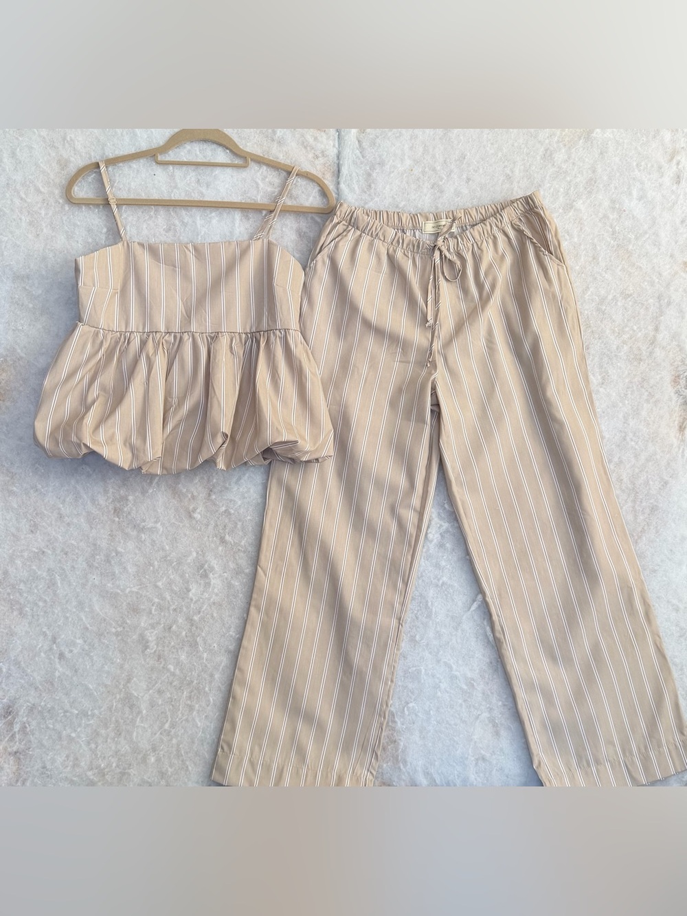 Beige Striped Two-Piece Pajama Set Lounge Camisole & Drawstring Pants (SKU848)